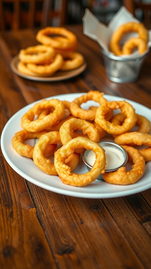 Low Carb Two-Ingredient Onion Rings Recipe Crispy low carb onion rings on a plate with dipping sauce on a rustic table.